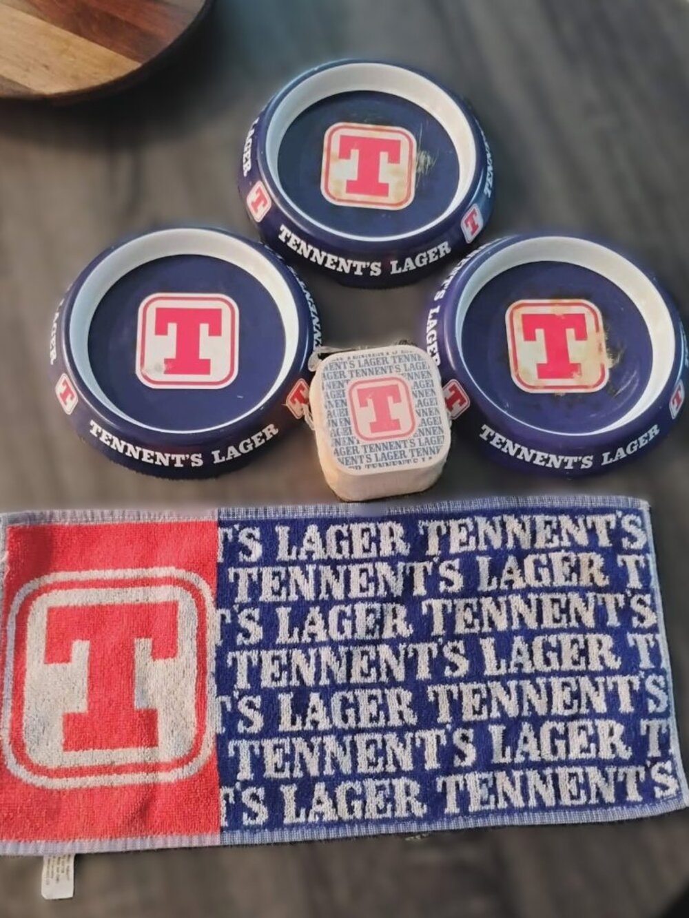 Tennent's Lager Bar Lot - Lancashire Cotton Towel, Coasters, 3 Ashtrays Vintage